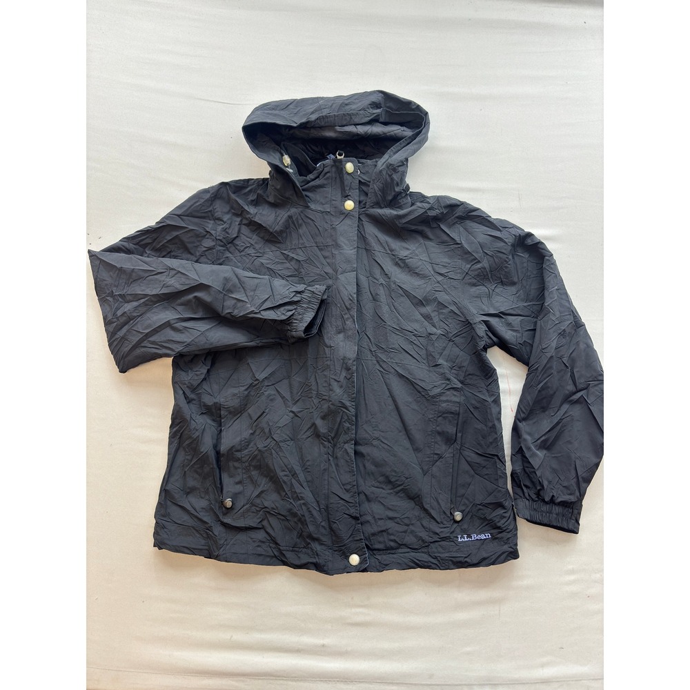 LL Bean Womens Black Hooded Windbreaker Jacket Full Zip Nylon M Regular 0BCY8